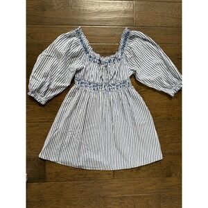 American Eagle Blue and White Striped Dress with Embroidery Medium Boho